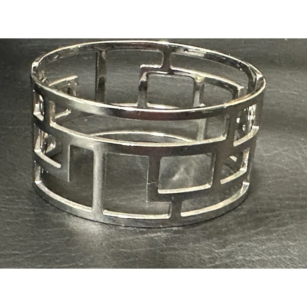 Silver‎ Tone Geometric Openwork Clamper Bracelet  Modern Architectural Statement